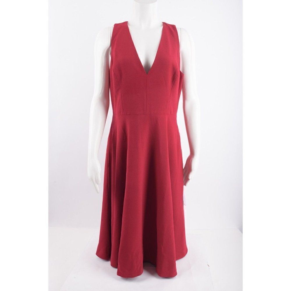 Dress The Population Womens Catalina Dress Fit & Flare L Red Garnet V-Neck NWT
